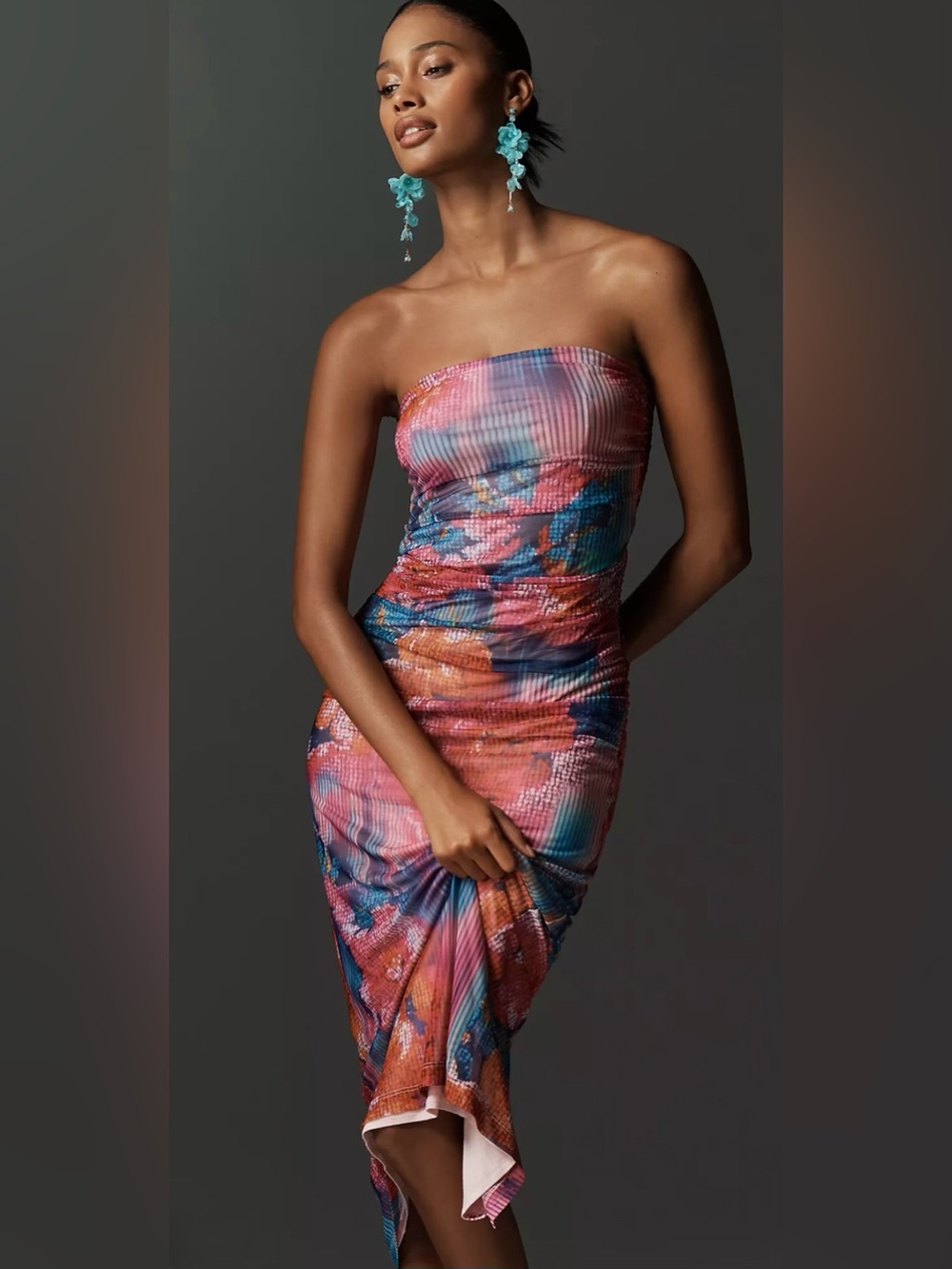 NWT Anthropologie Strapless Mesh Ruched Midi Dress Abstract Print M